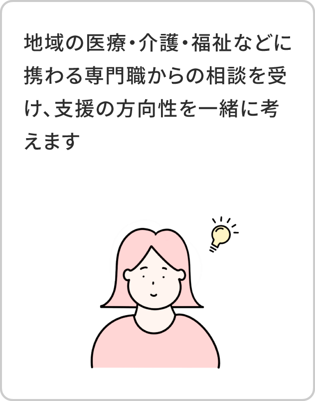 地域の医療・介護・福祉などに携わる専門職からの相談を受け、支援の方向性を一緒に考えます