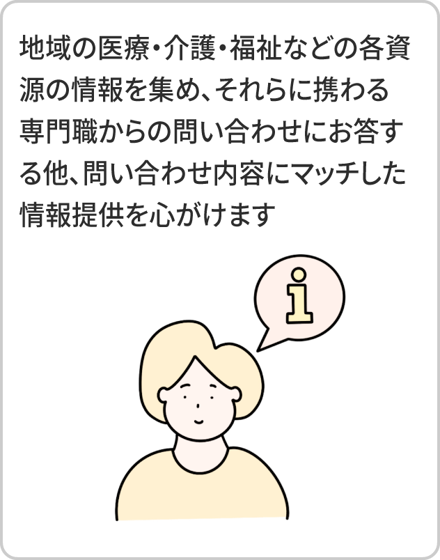 地域の医療・介護・福祉などの各資源の情報を集め、それらに携わる専門職からの問い合わせにお答する他、問い合わせ内容にマッチした情報提供を心がけます